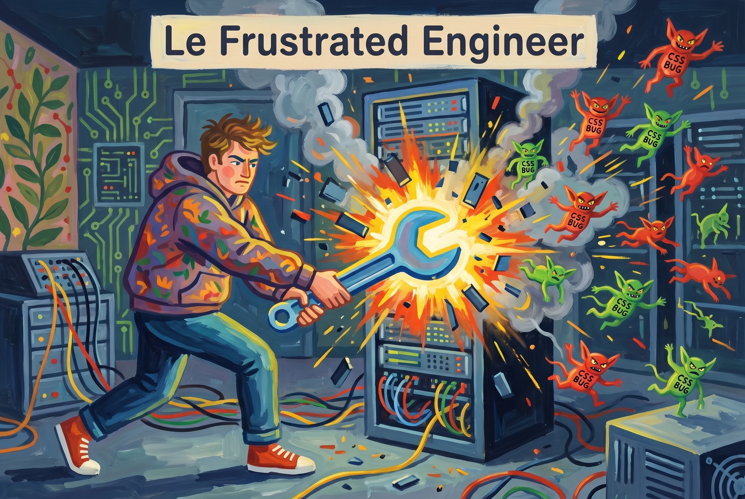 A Matisse-style painting of an exhausted solo developer in an oversized hoodie swinging a glowing wrench at a chaotic swarm of tiny gremlin-like CSS bugs in a server room.