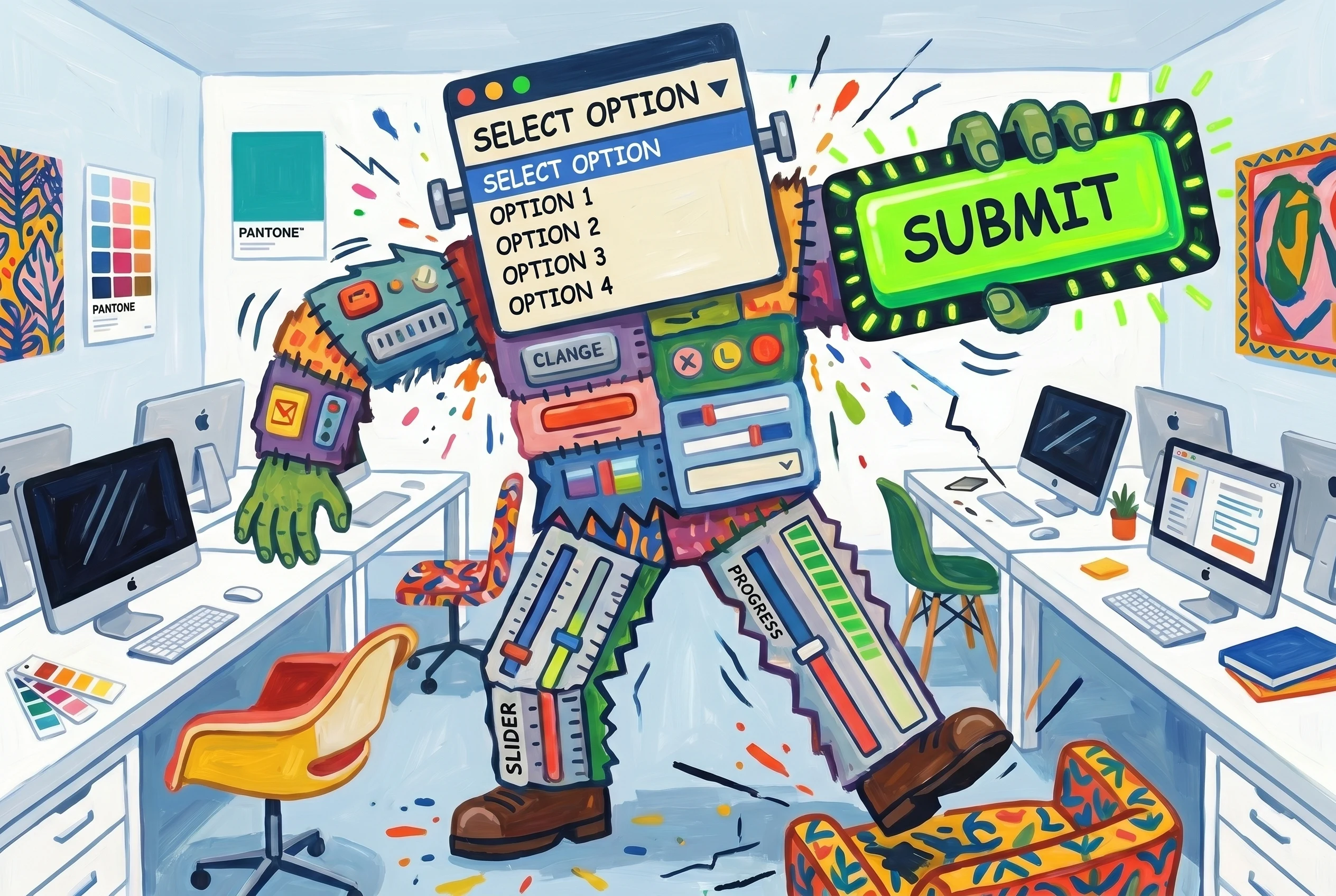 A Matisse-style painting of a Frankenstein monster made of mismatched UI components: dropdown-menu head, neon-green Submit-button arm, slider-bar legs in comic sans, rampaging through a bright minimalist design studio.