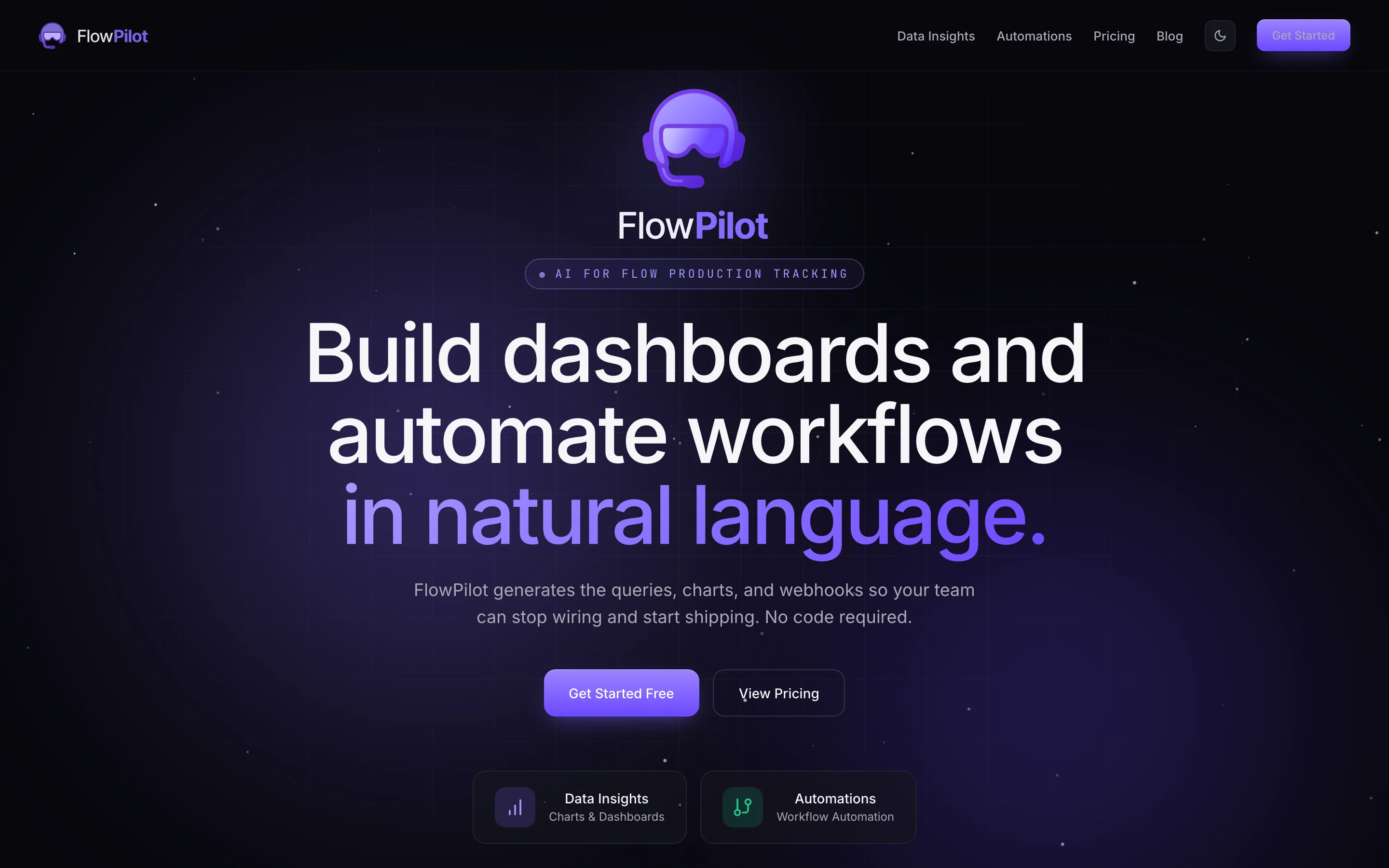 Cinematic variant: dark hero, large floating helmet logo, gradient headline 'in natural language', the AI for Flow Production Tracking kicker pill, two product cards.