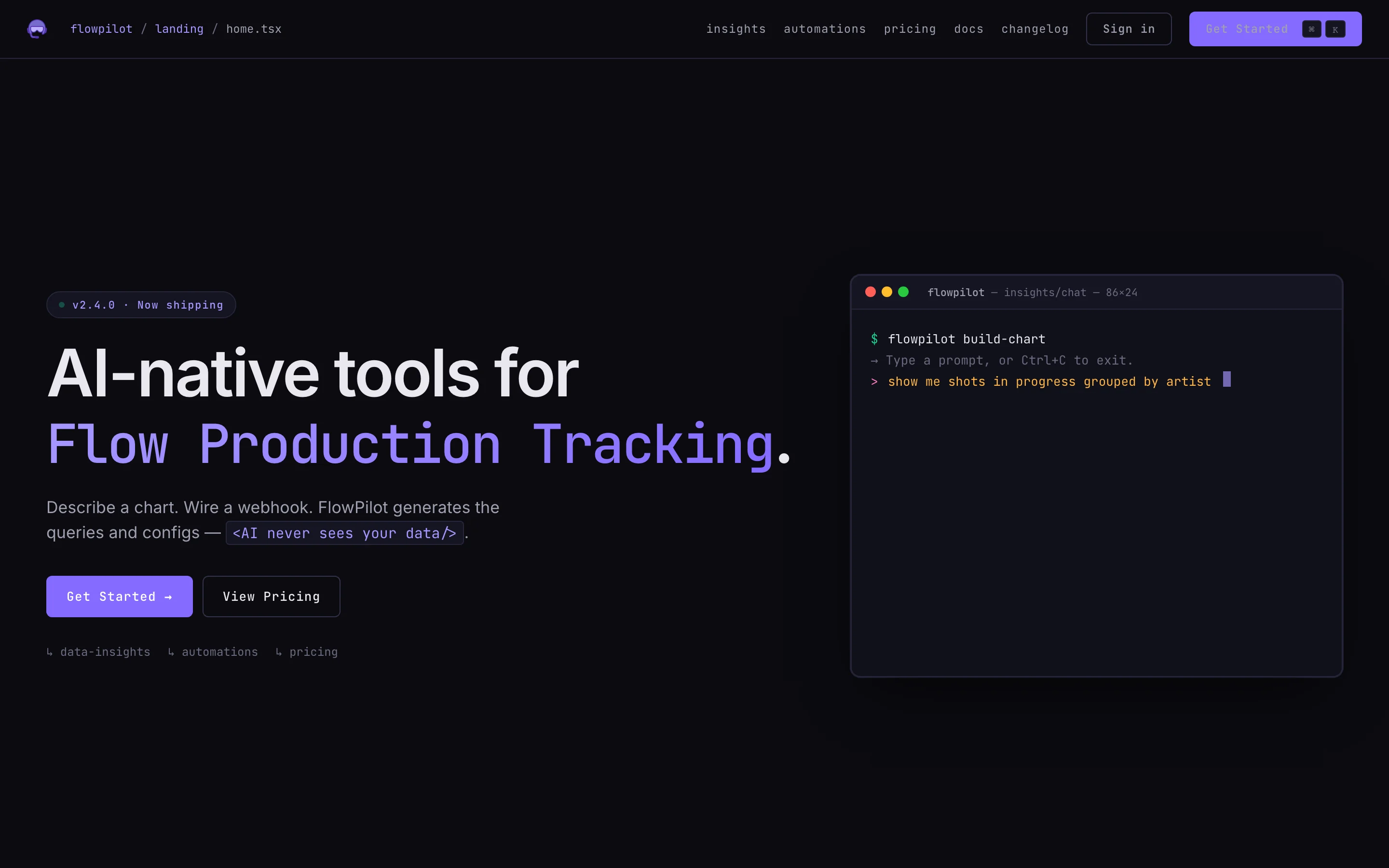 Terminal variant: dark IDE-style chrome, monospace breadcrumb 'flowpilot / landing / home.tsx', a live terminal window typing 'flowpilot build-chart'.