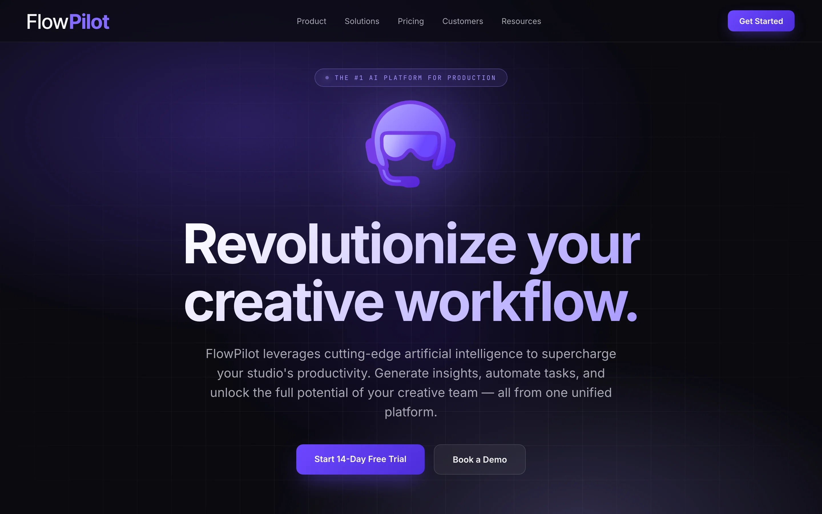The first draft Claude Design produced: a dark aurora landing with an invented top nav (Product, Solutions, Pricing, Customers, Resources), an invented '#1 AI Platform for Production' kicker, an invented 'Revolutionize your creative workflow' headline, and an invented 'Start 14-Day Free Trial' button.