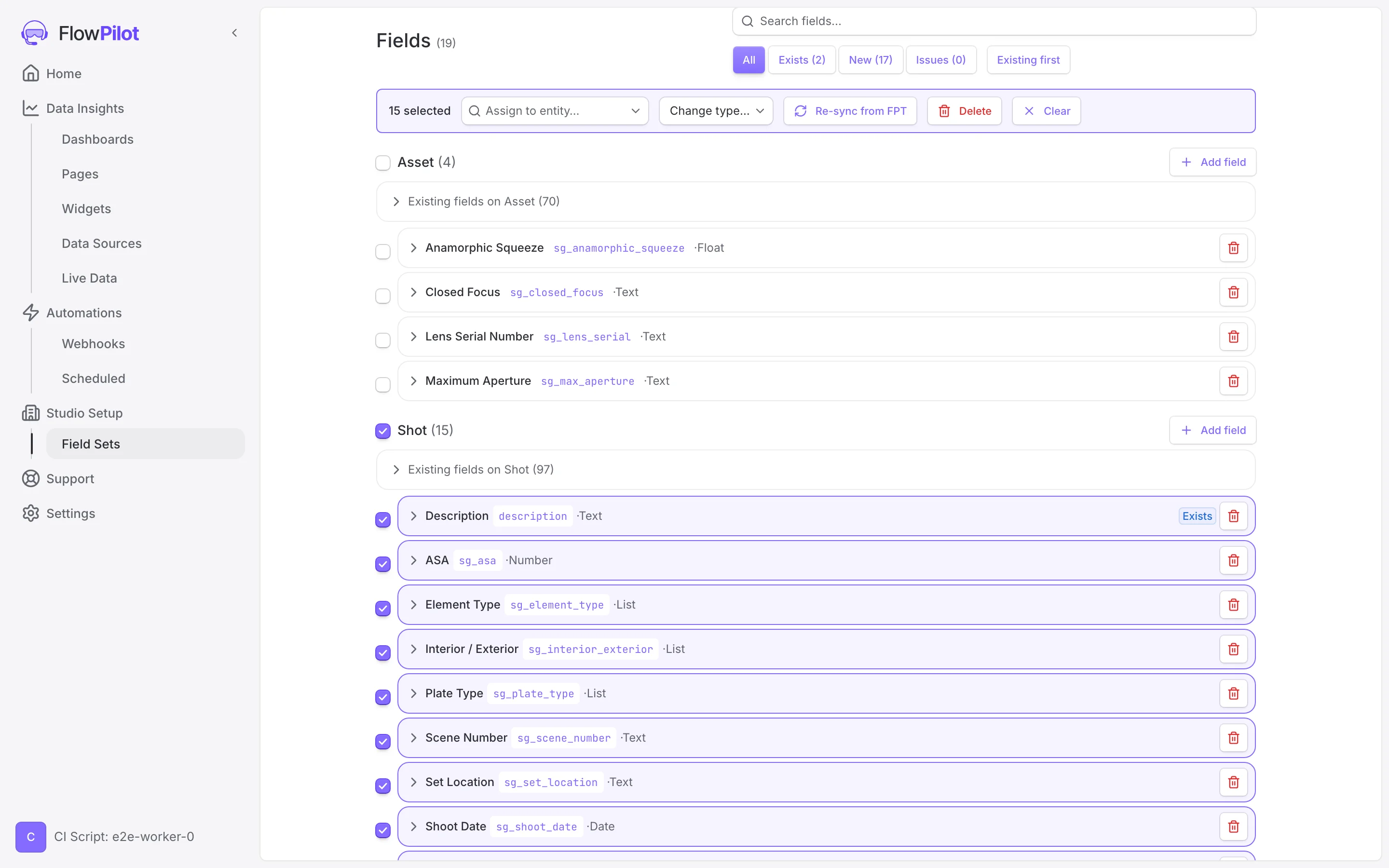 The editor with fifteen fields selected and the bulk action bar offering Assign to entity, Change type, Re-sync from Flow PT, Delete, and Clear.