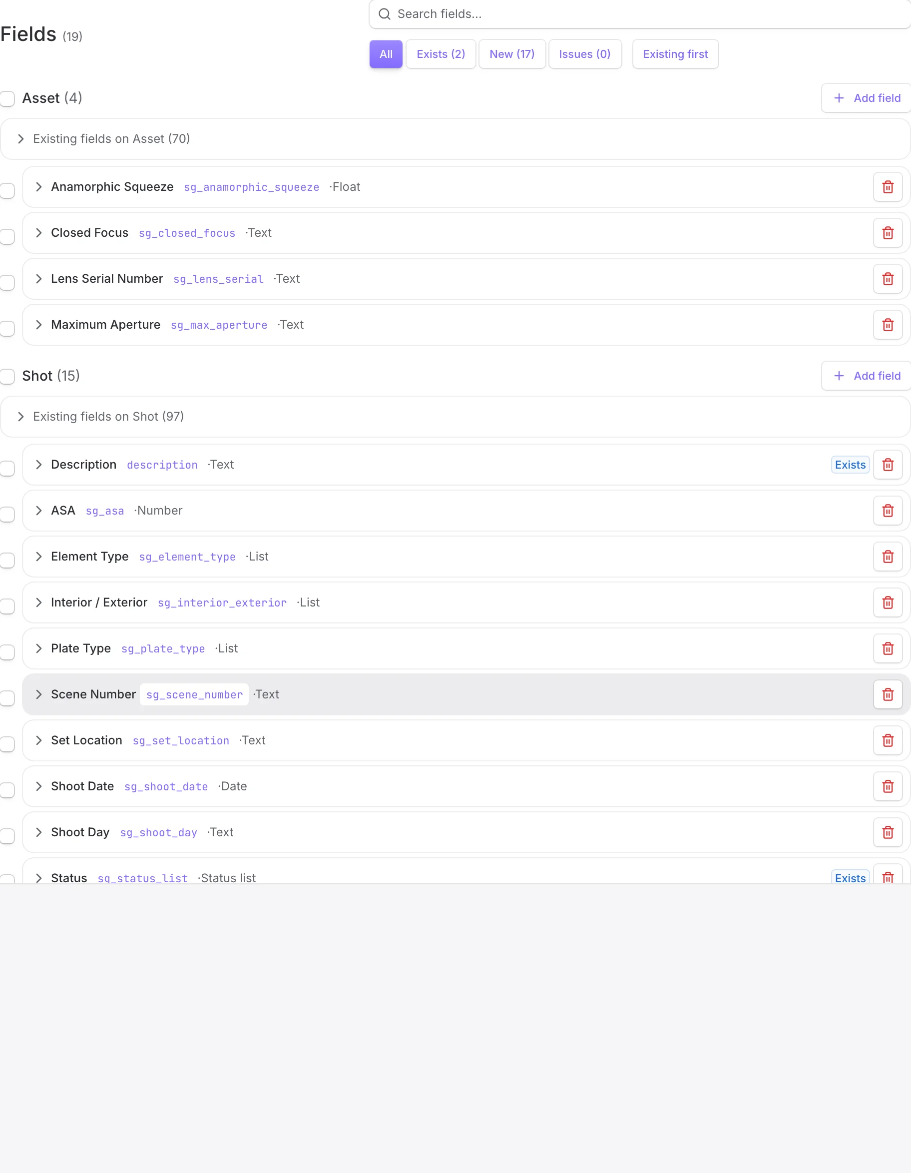 The fields section with status filter chips reading All Exists New Issues
