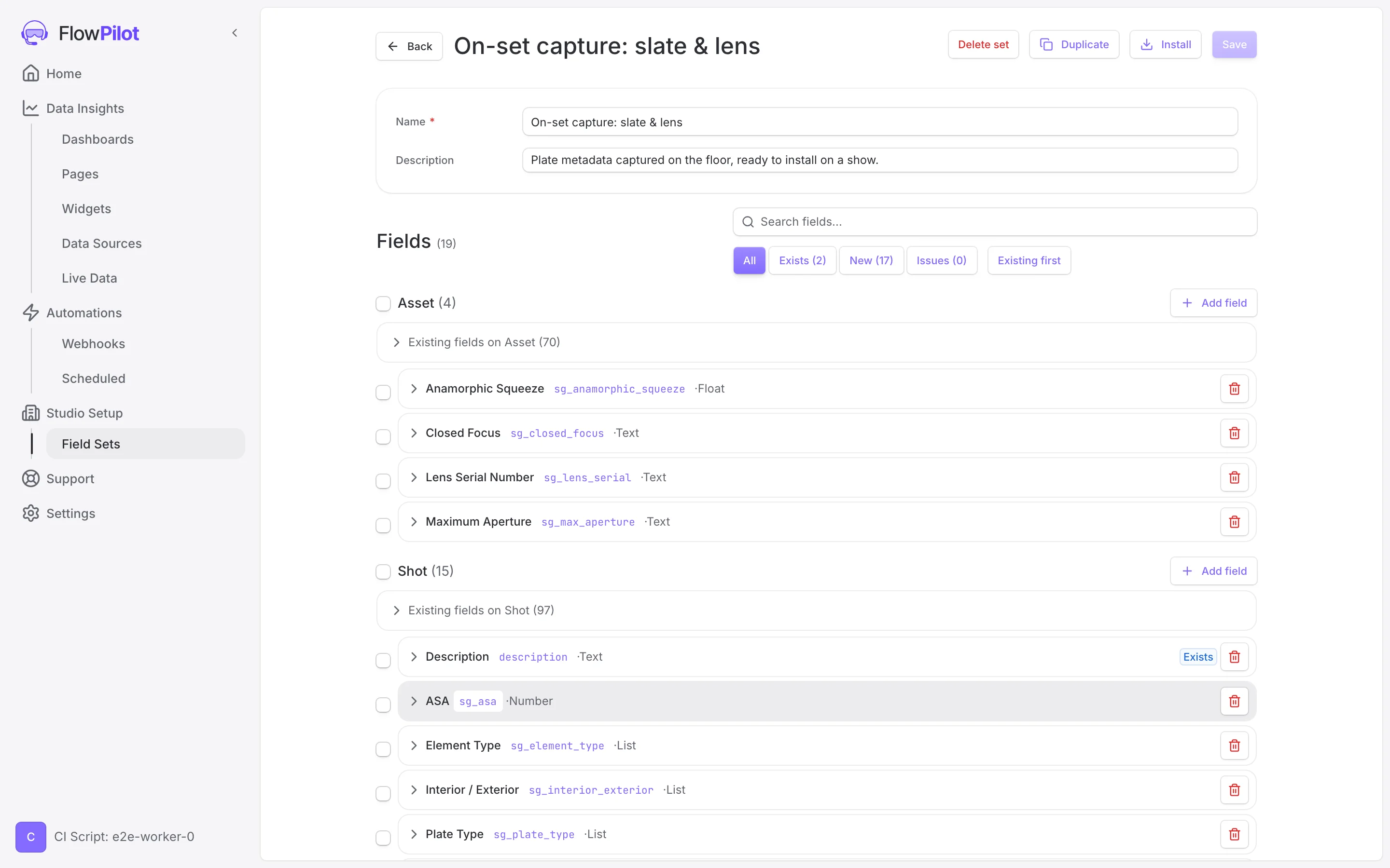 The Field Sets editor with fields grouped by entity status chips and liveschema badges