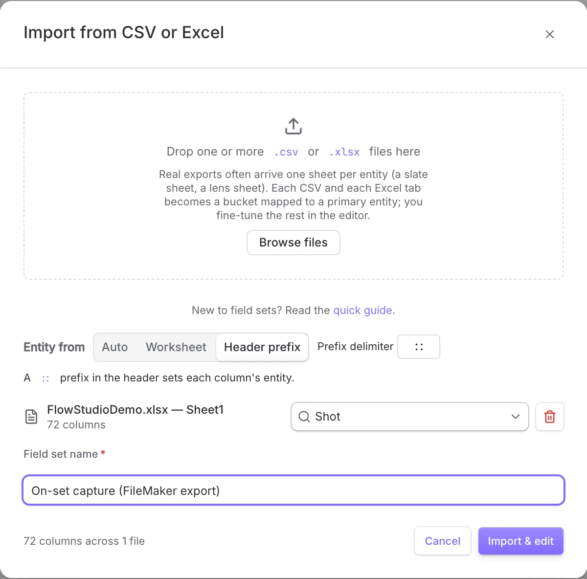 The Import from CSV or Excel dialog with a 72column FileMaker workbook loaded