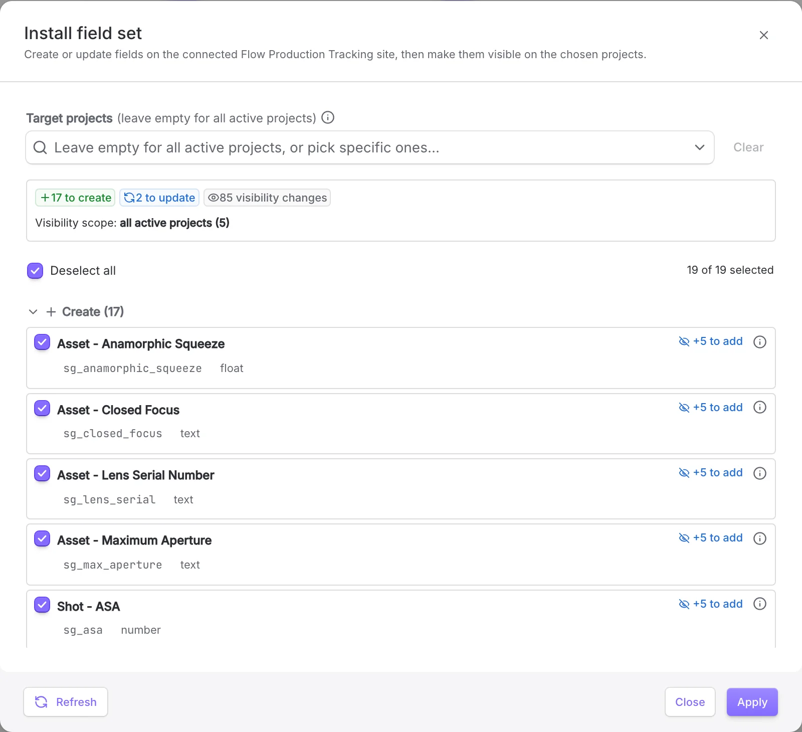 The install plan showing fields to create update and the perproject visibility changes