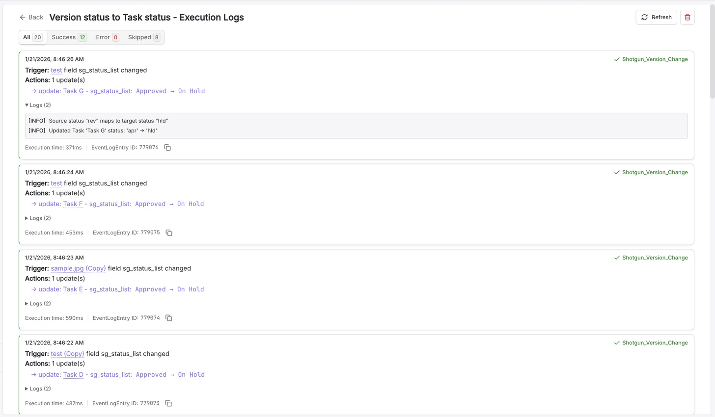 Execution logs console