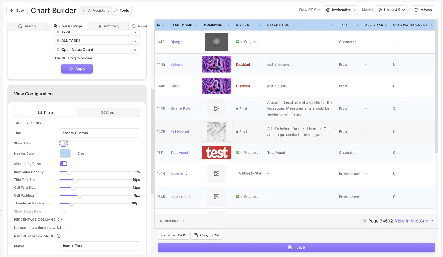 Table view with data
